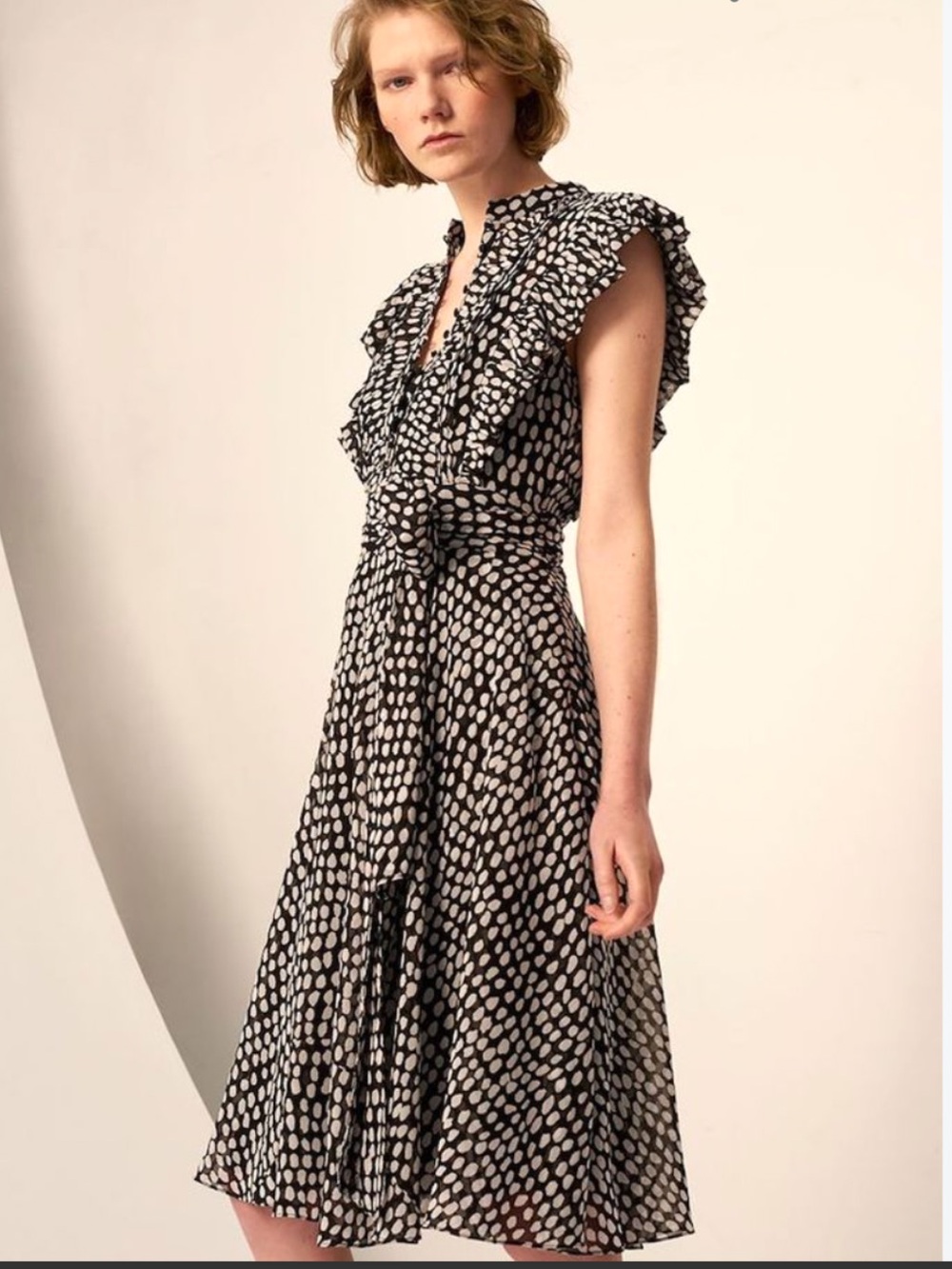 CLUB MONACO Saffra Black and White Polka Dot Ruffled Waist-Tie Midi Dress 6 NWT